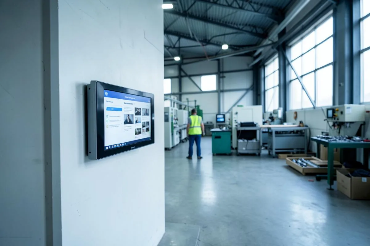 Informatiescherm aan de werkvloer van een productiehal