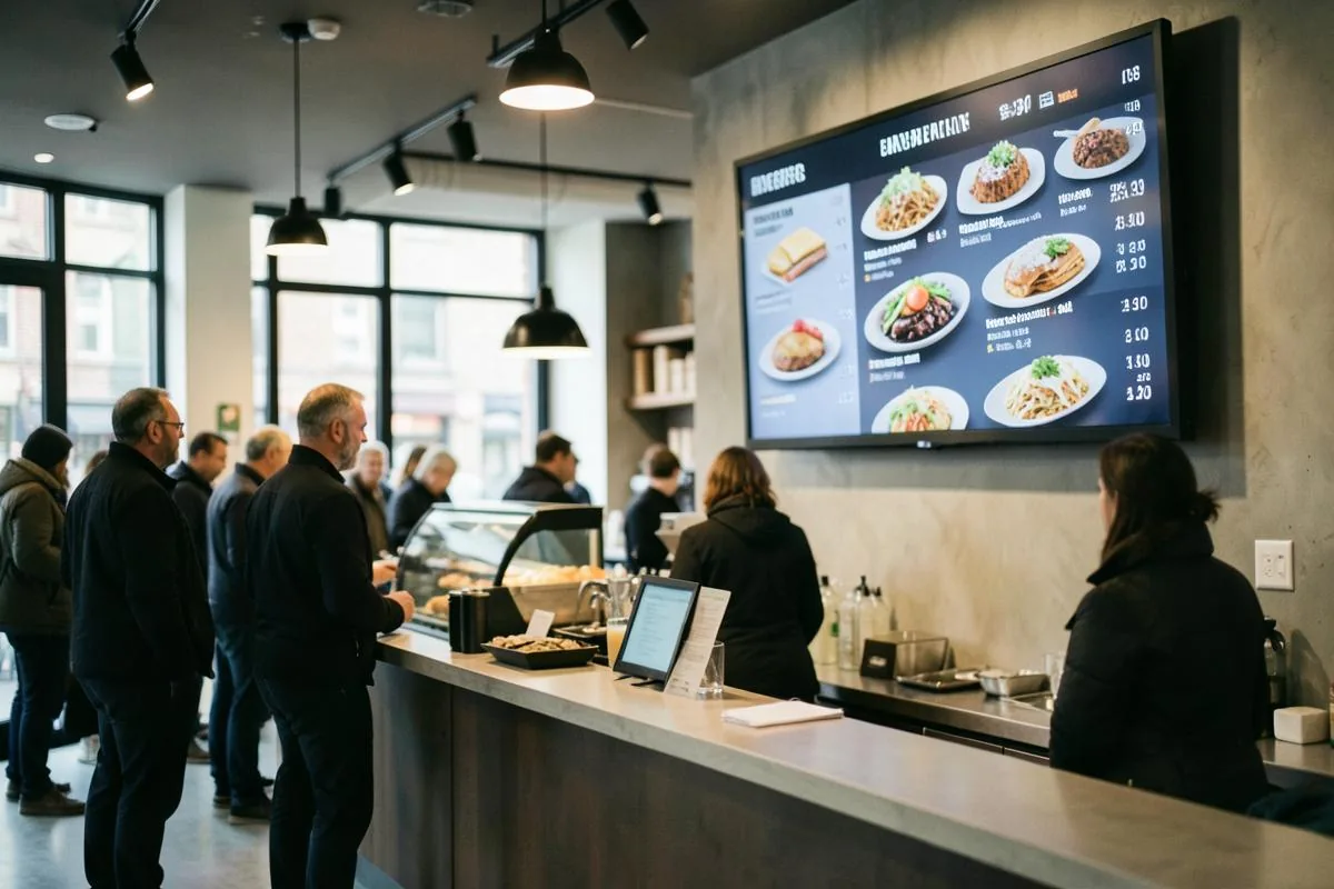 Digitaal menubord boven de toonbank van een broodjeszaak