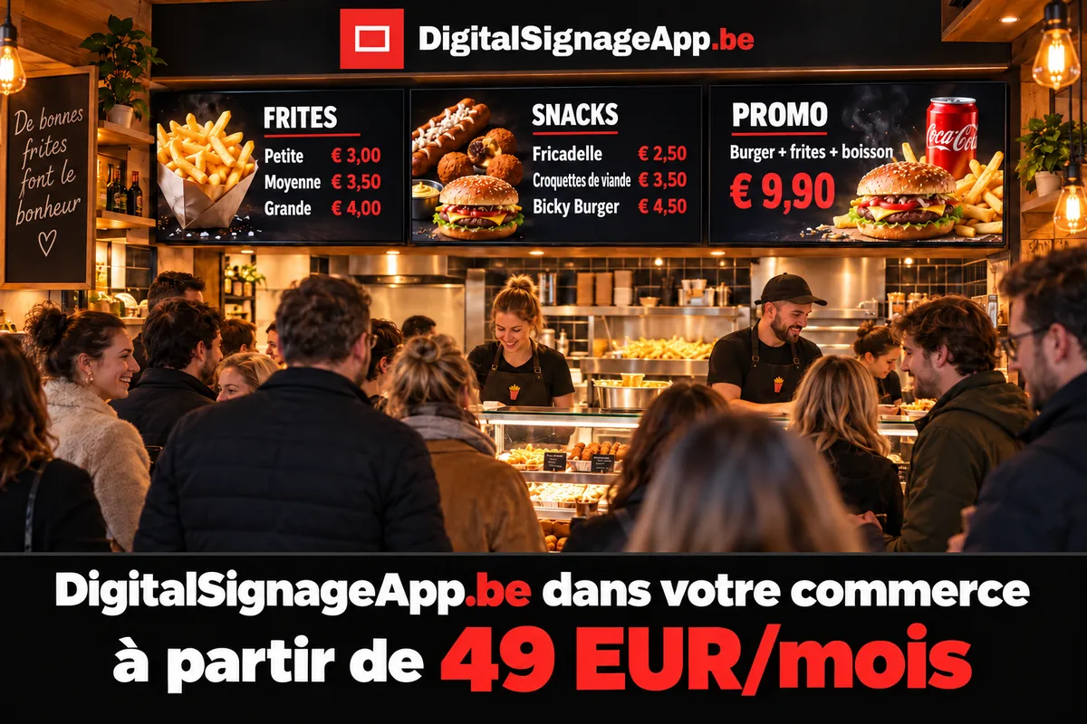 Friterie animée avec trois menus numériques et le message : DigitalSignageApp.be dans votre commerce à partir de 49 EUR par mois
