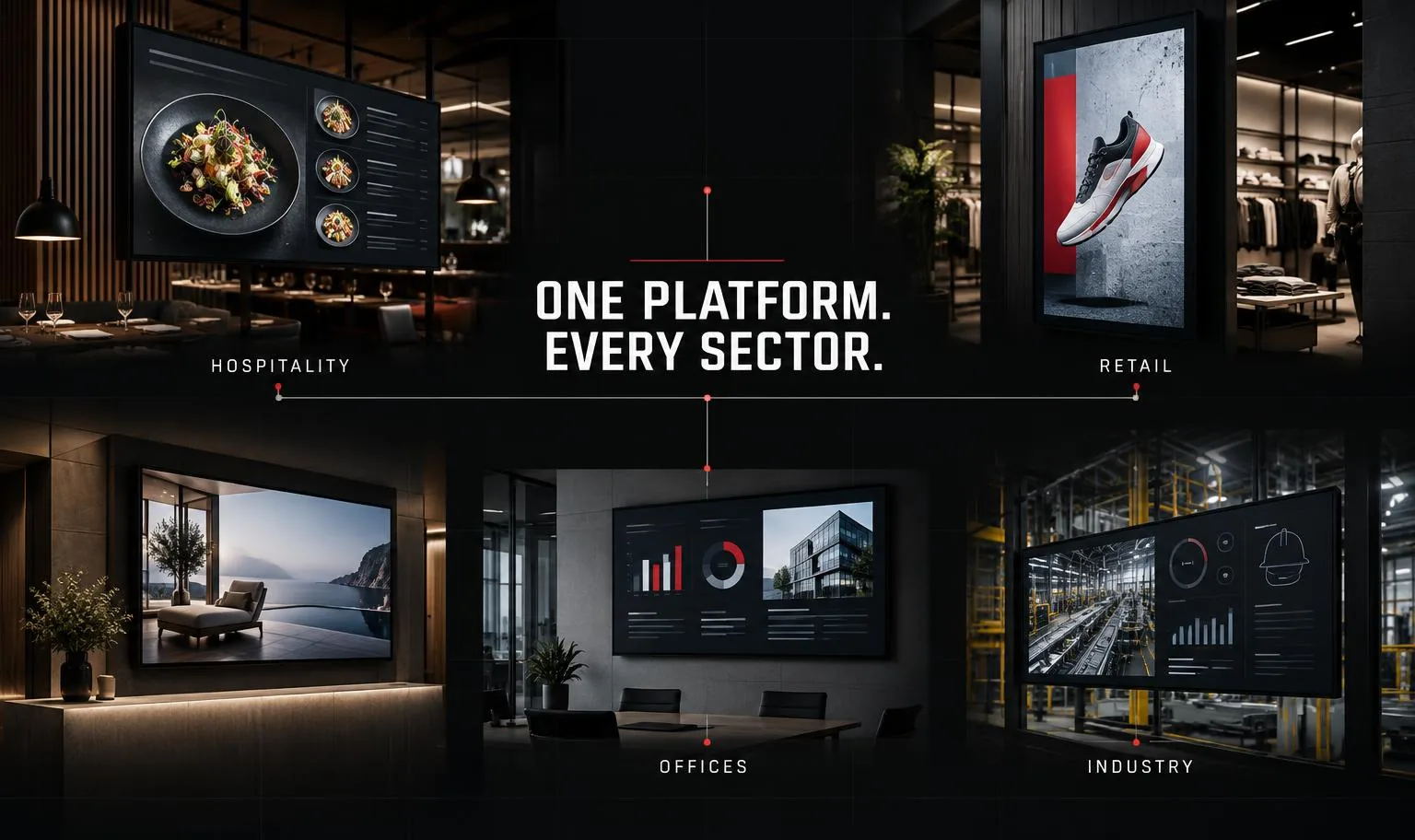 Digitale schermen voor horeca, retail, kantoren en industrie, centraal verbonden via één platform.