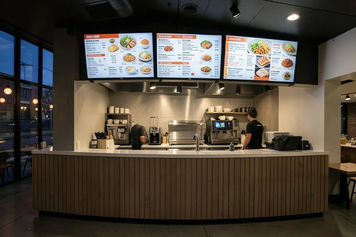 Drie digitale menuschermen boven de toog van een restaurant
