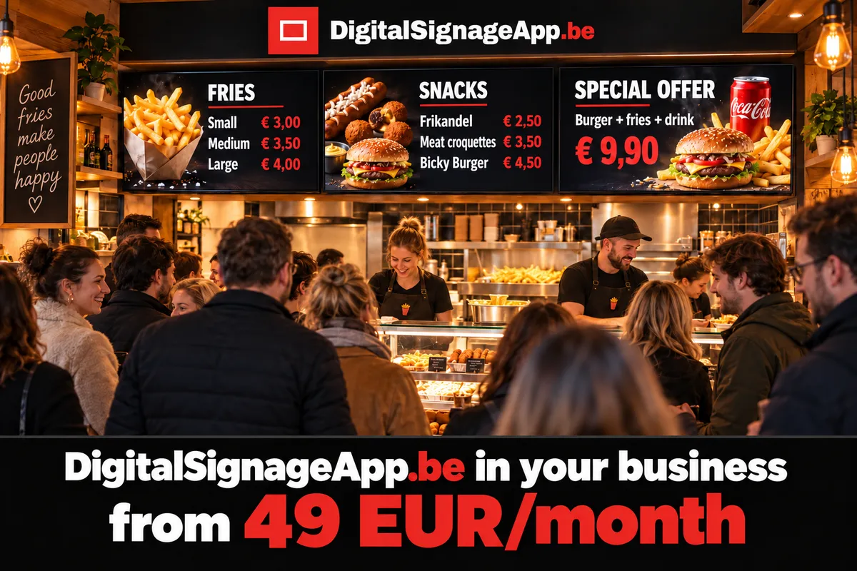 Busy chip shop with three digital menu boards and the message: DigitalSignageApp.be in your business from 49 EUR per month