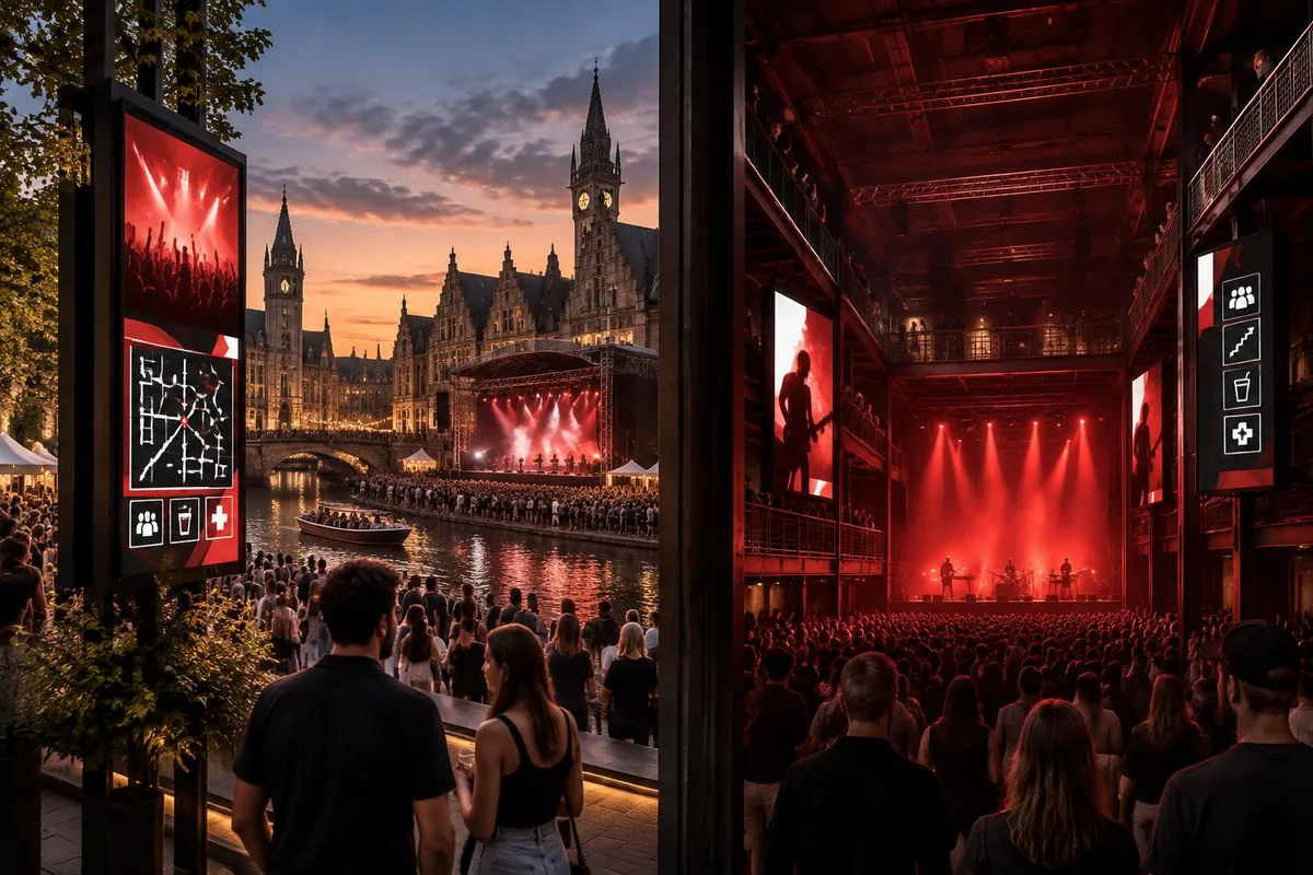 Herkenbare impressie van de Gentse Feesten en een Brusselse concertzaal met digitale programma- en veiligheidsschermen