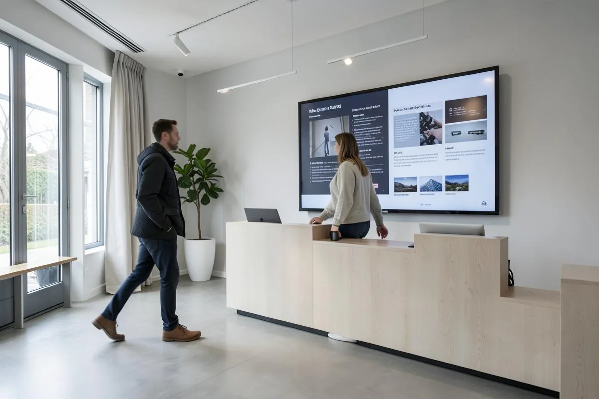 Informatiescherm aan het onthaal van een kantoor