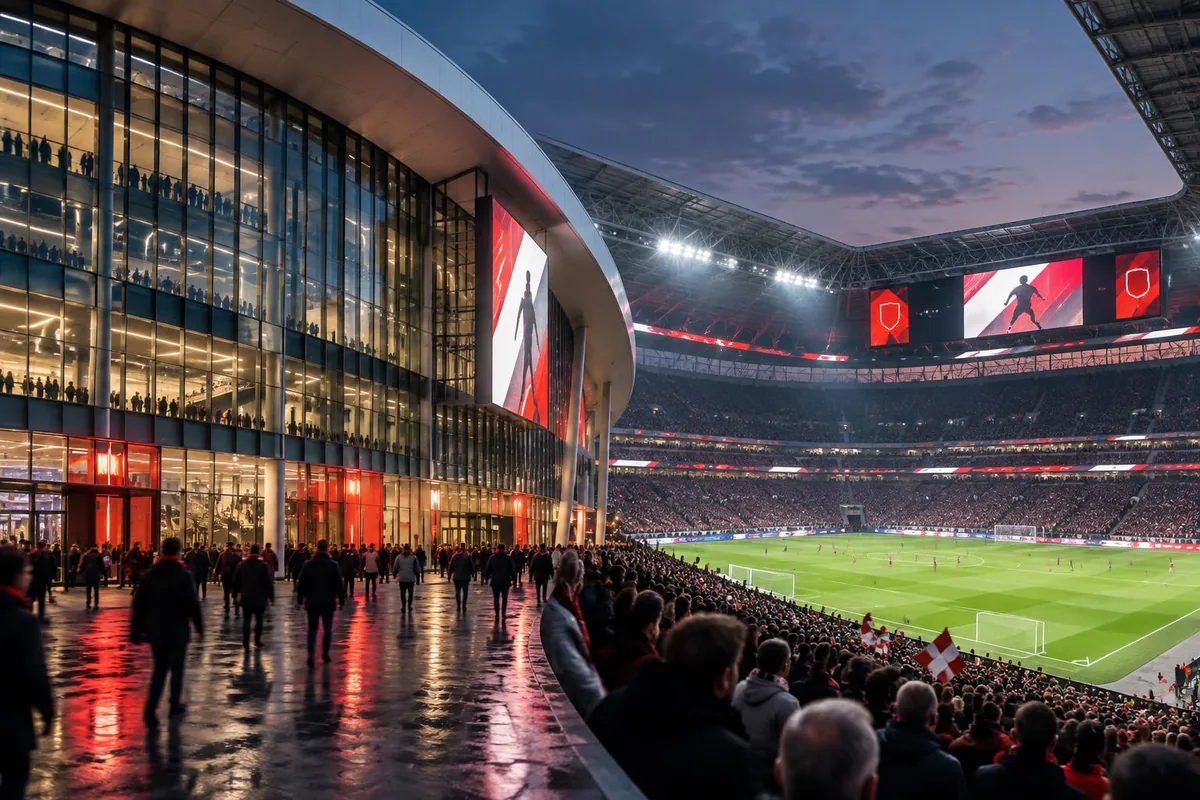 Herkenbare impressie van een modern Gents voetbalstadion met digitale score- en informatieschermen