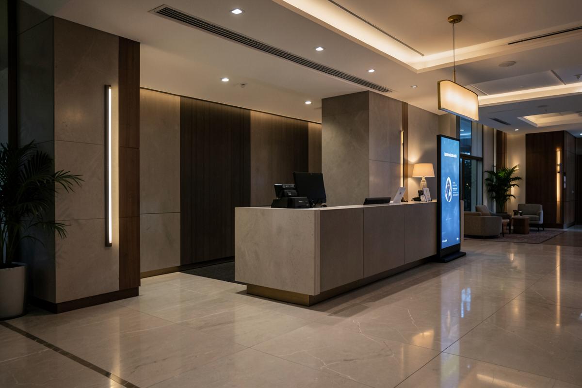 Staand informatiescherm naast de receptie van een hotel