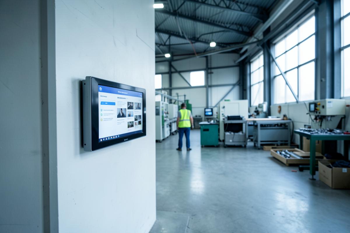 Informatiescherm aan de werkvloer van een productiehal