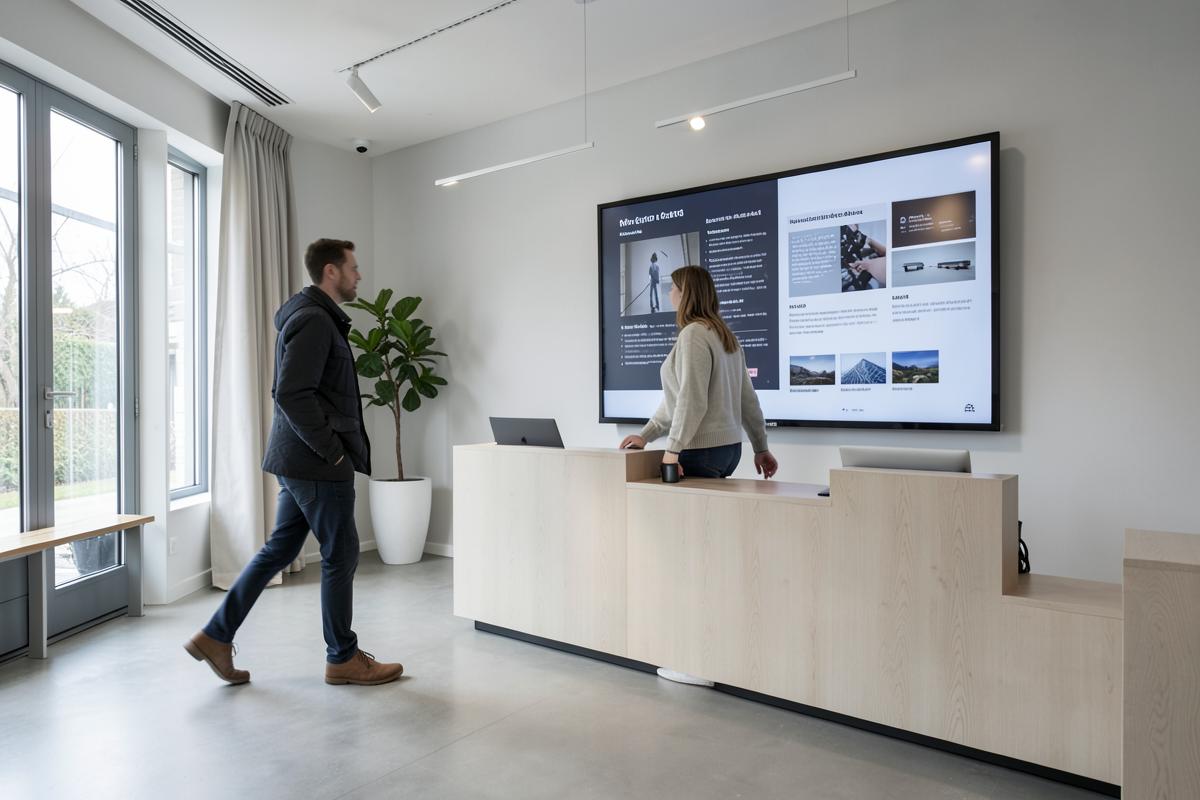 Informatiescherm aan het onthaal van een kantoor