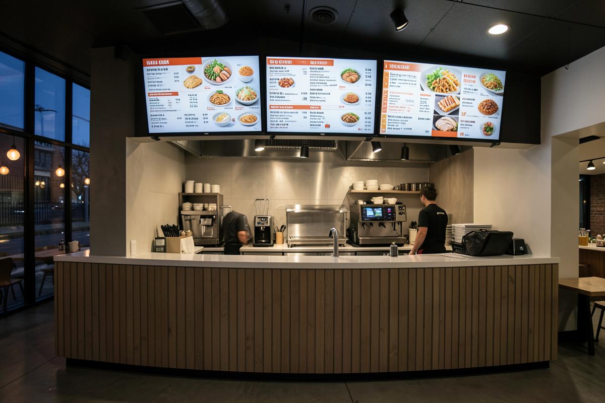 Drie digitale menuschermen boven de toog van een restaurant